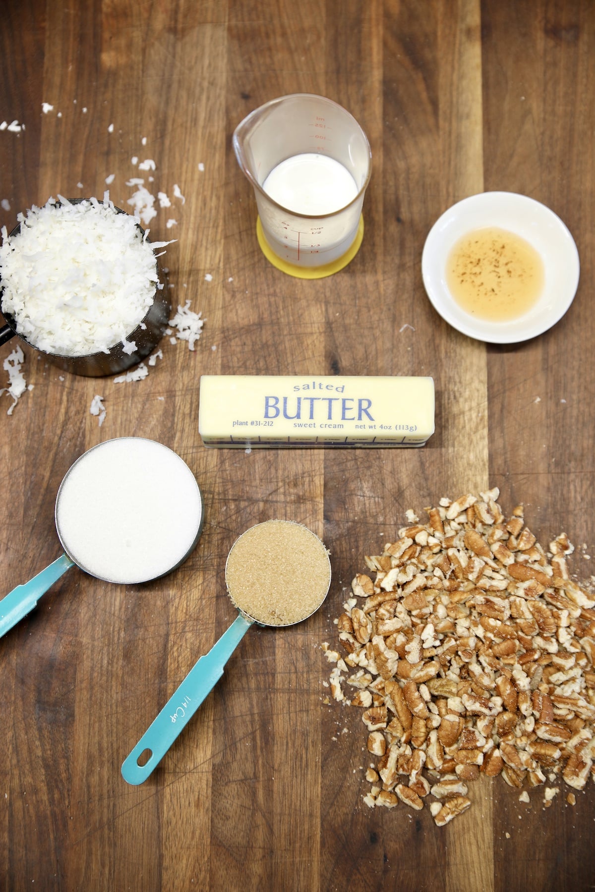 Ingredients for pecan coconut icing.