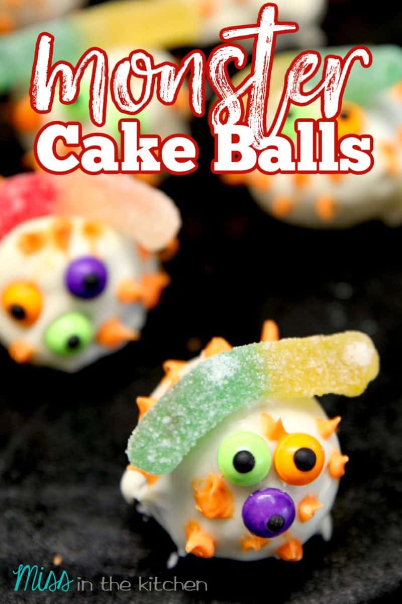 Monster Cake balls on a platter - text overlay.