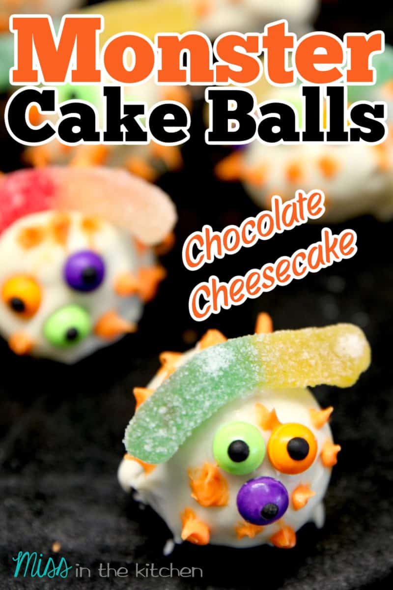 Monster Cake Balls on a platter - text overlay.