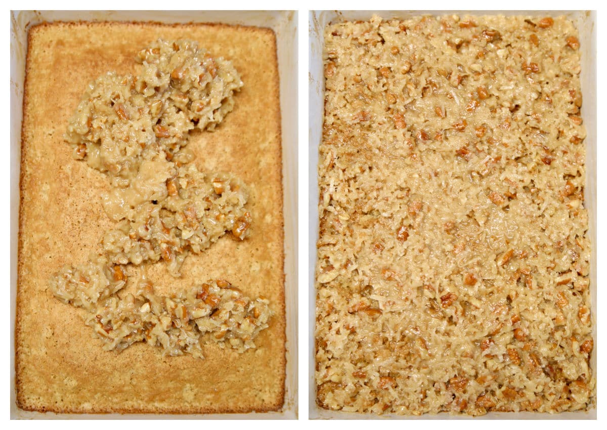 Collage spreading coconut icing over oatmeal cake.