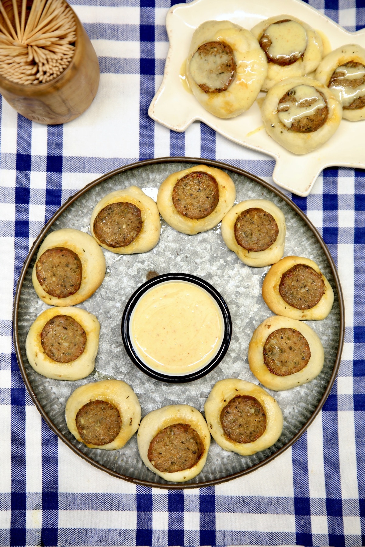Platter of smoked sausage bites with honey mustard.