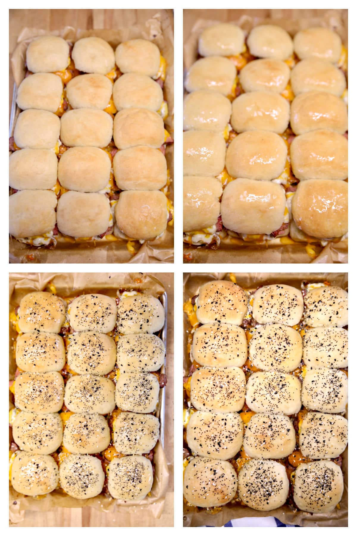 Collage making steak sliders with everything bagel topping.