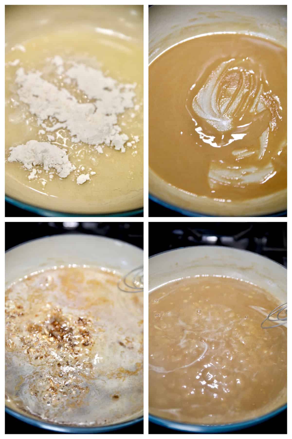 Collage making roux and gravy for beef pot pie.