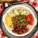 Burrito Bowl with ground beef, beans, corn, rice.