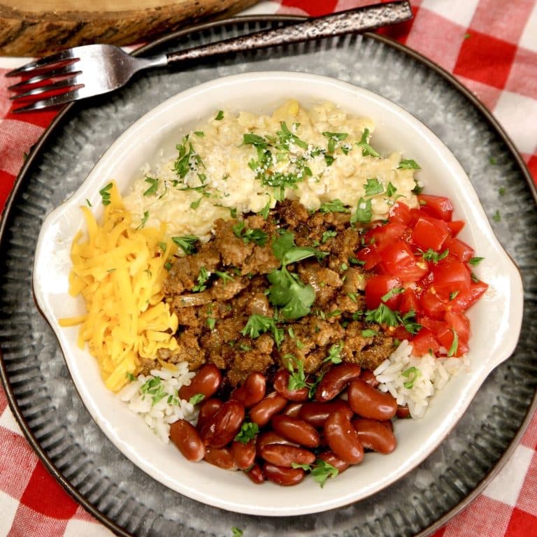 Burrito Bowl with ground beef, beans, corn, rice.