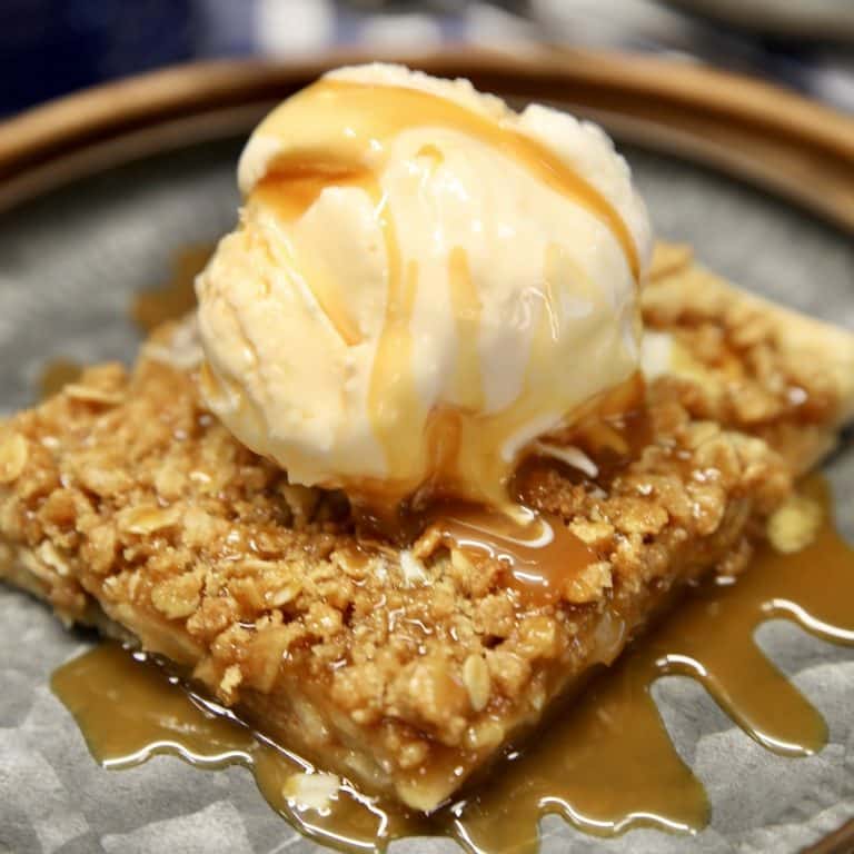 Caramel Apple Slab Pie with vanilla ice cream and caramel sauce.