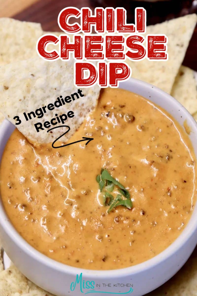 Chili cheese dip in a bowl with tortilla chip.