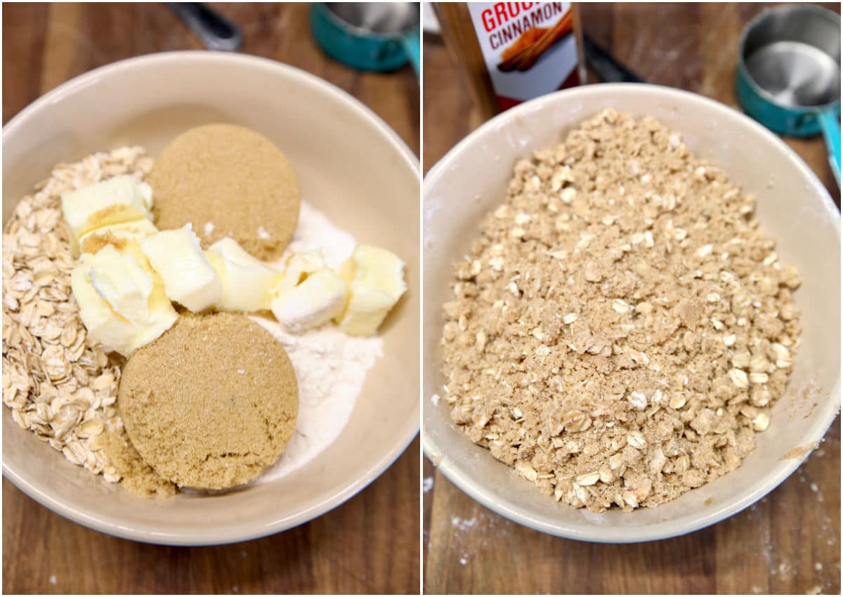 Collage: making crumble topping for slab pie. 