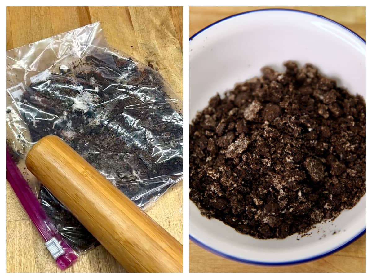 Crushing Oreo cookies in a zip top bag with a rolling pin, in a bowl.