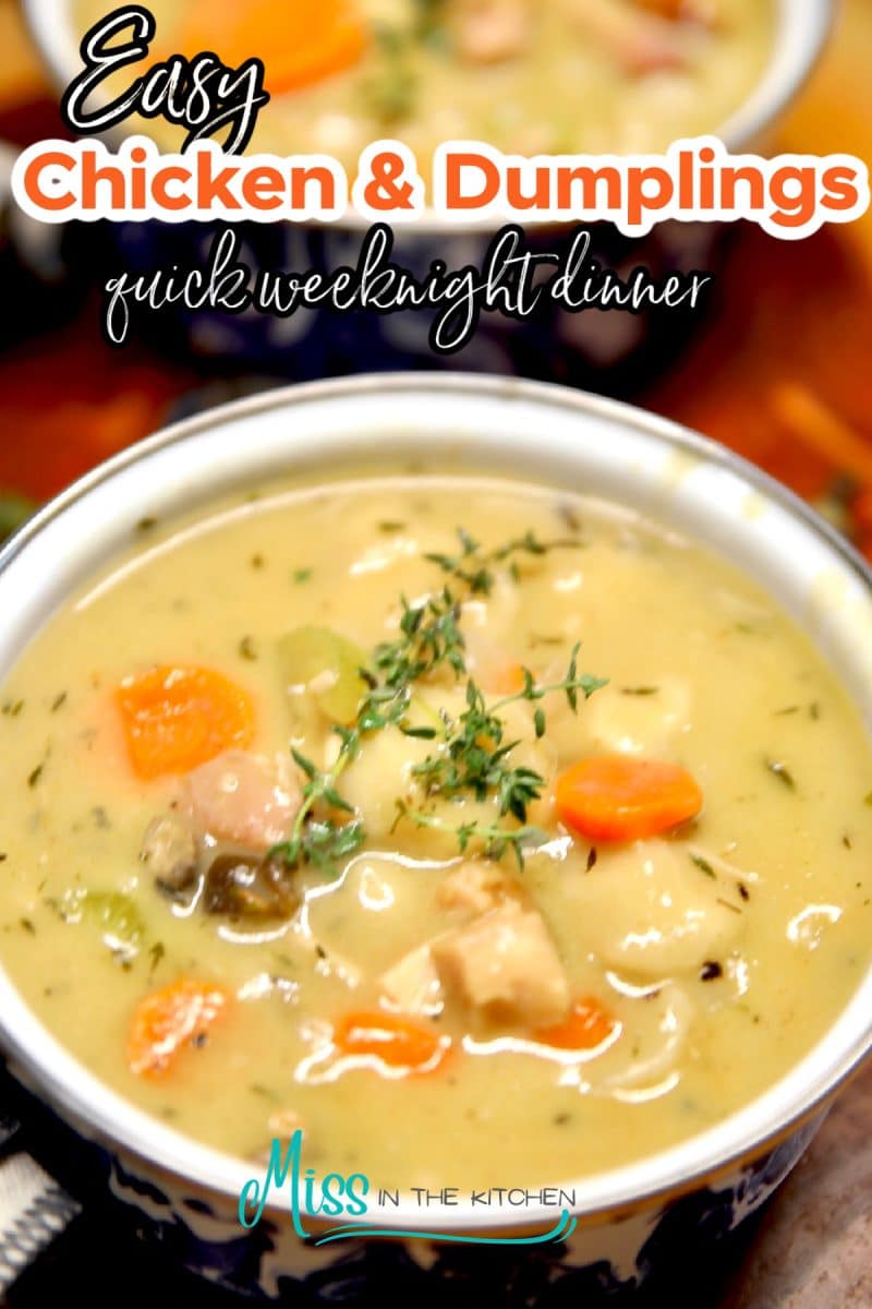 Bowl of chicken and dumplings - text overlay.