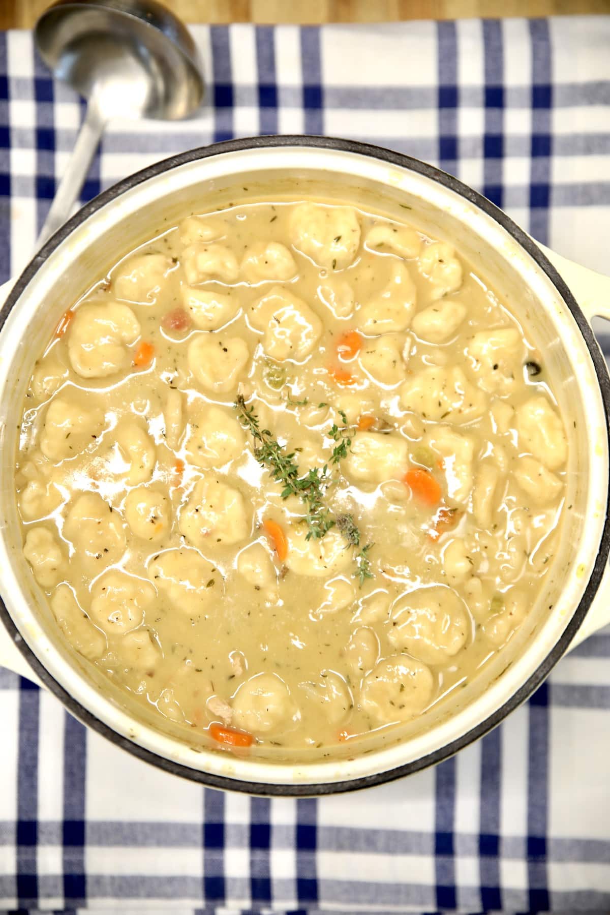 Pan of chicken and dumplings on a blue and white cloth.
