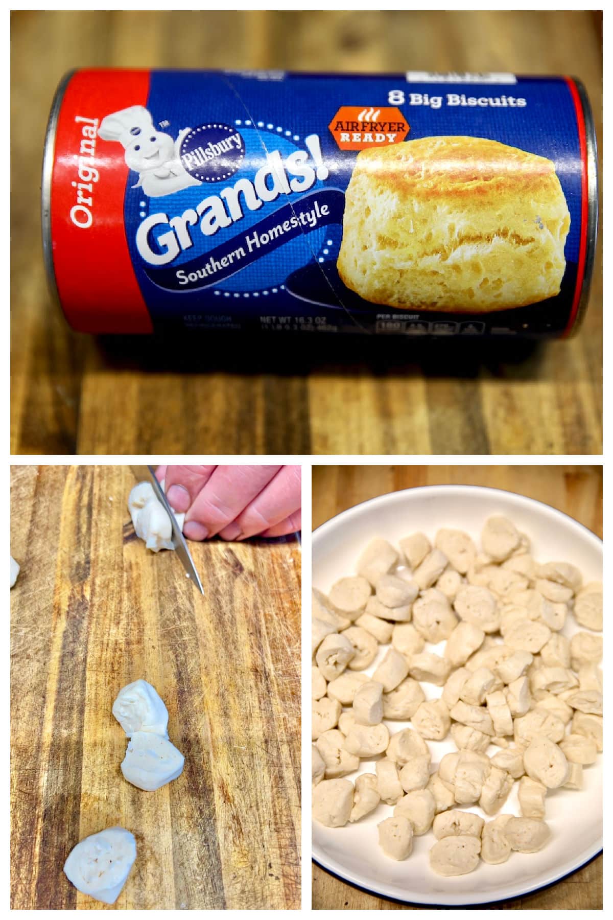 Collage making grands biscuits into dumplings.