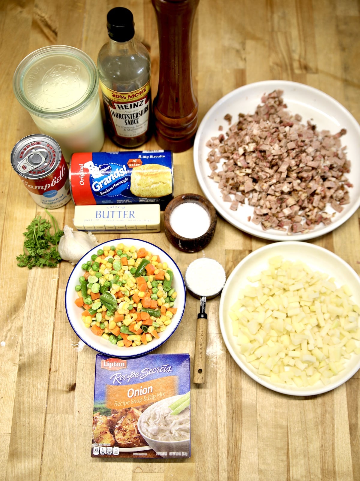 Ingredients for beef pot pie with biscuits.