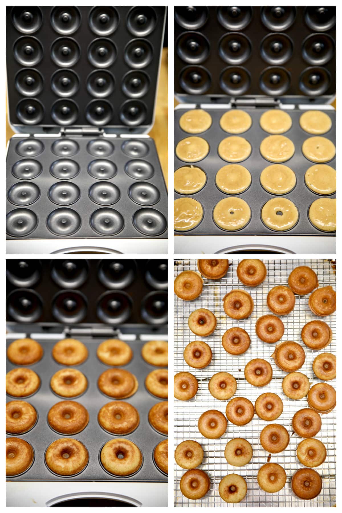 Making apple cider donuts in a mini donut maker, cooling on wire rack.