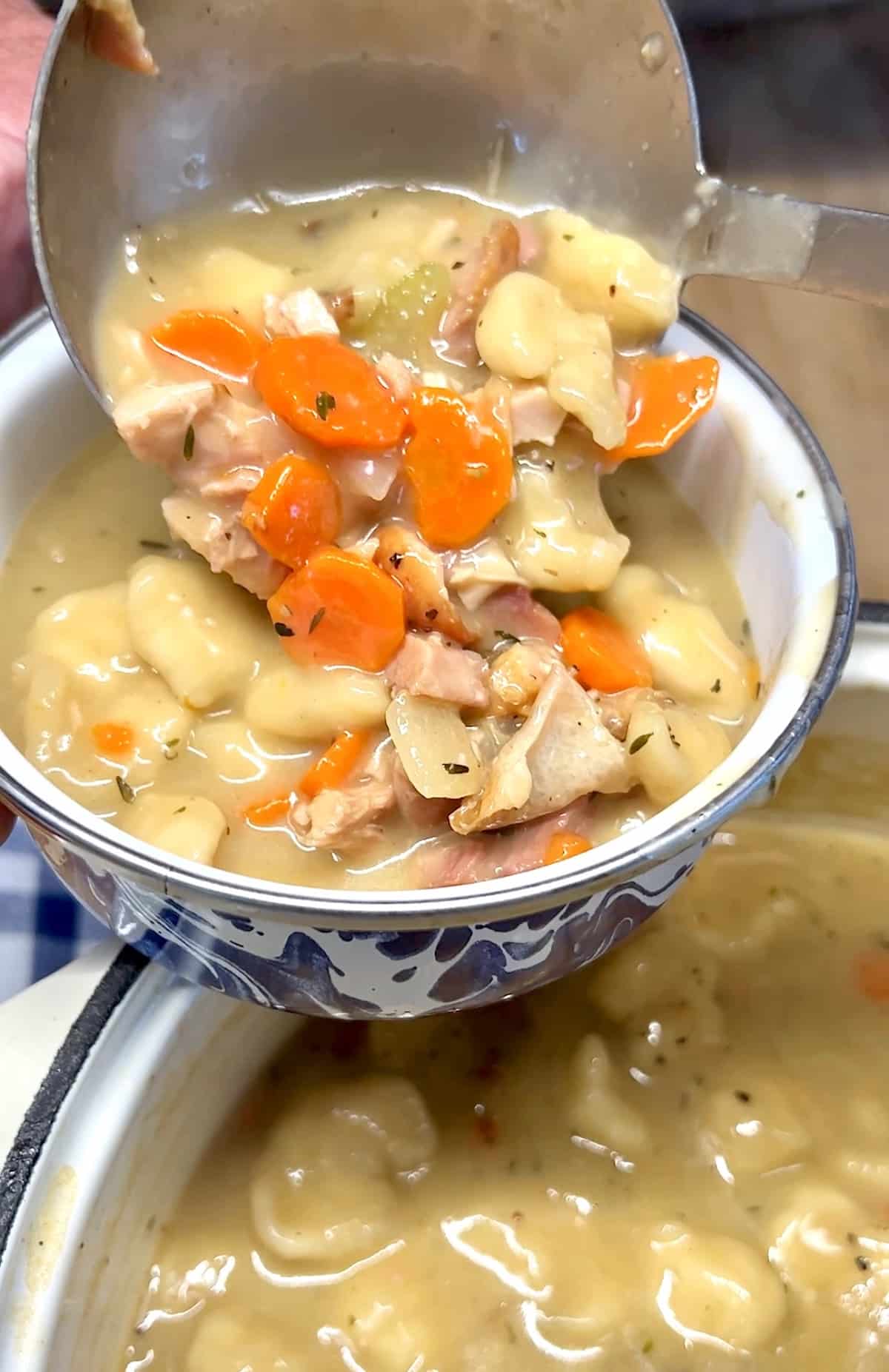 Serving chicken and dumplings with a ladle.