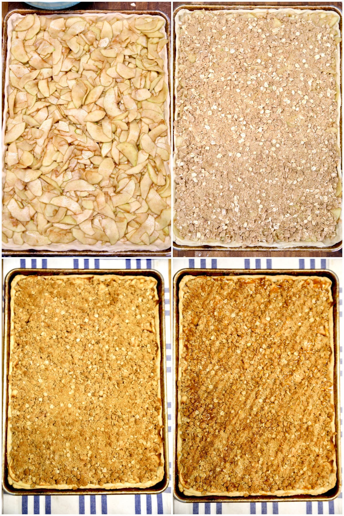 Collage making apple slab pie with crumb topping.
