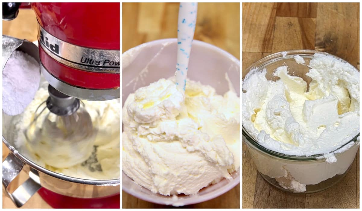 Collage making sweetened whip cream for no bake cheesecake.