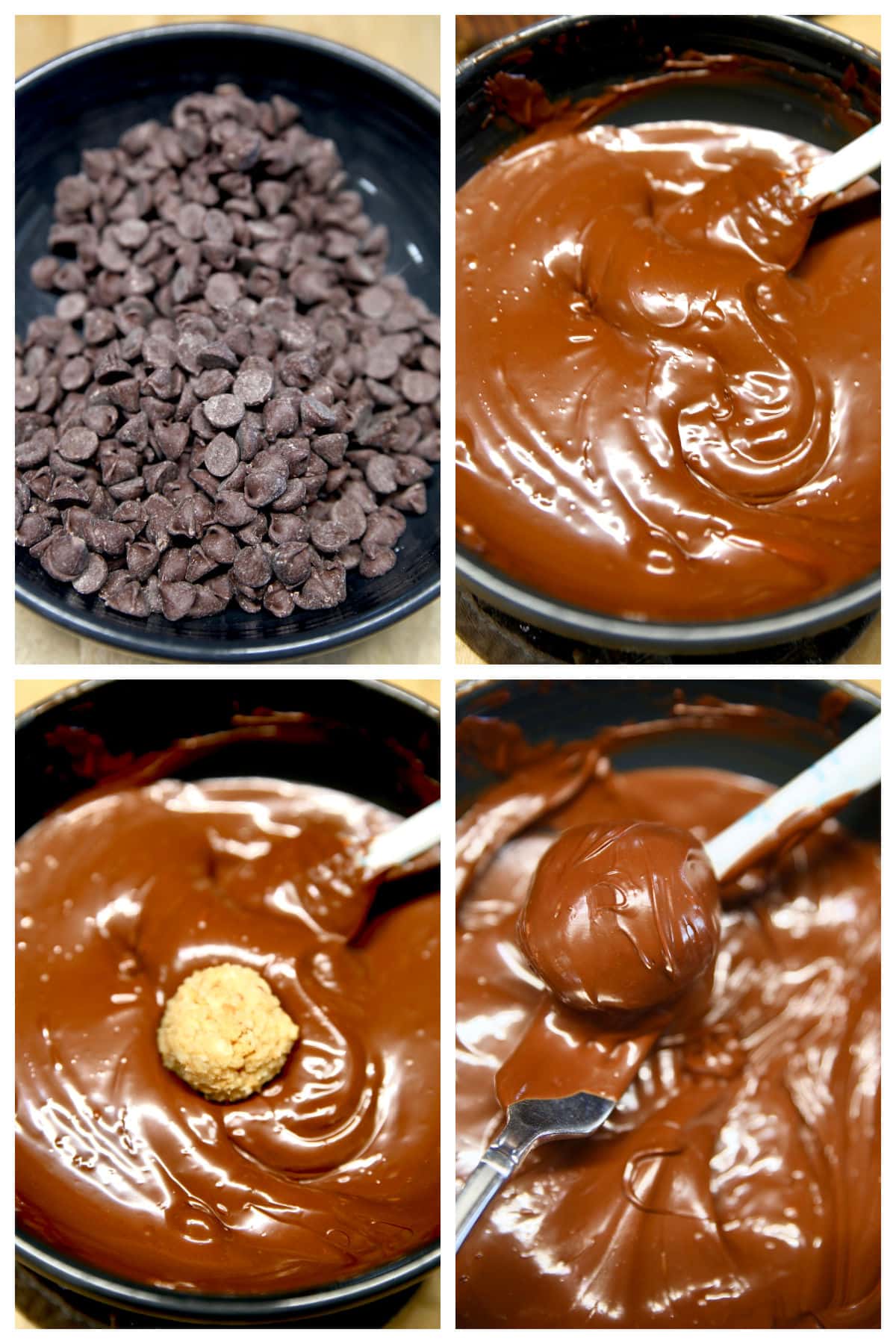 Collage: melting chocolate chips, dipping bourbon balls.