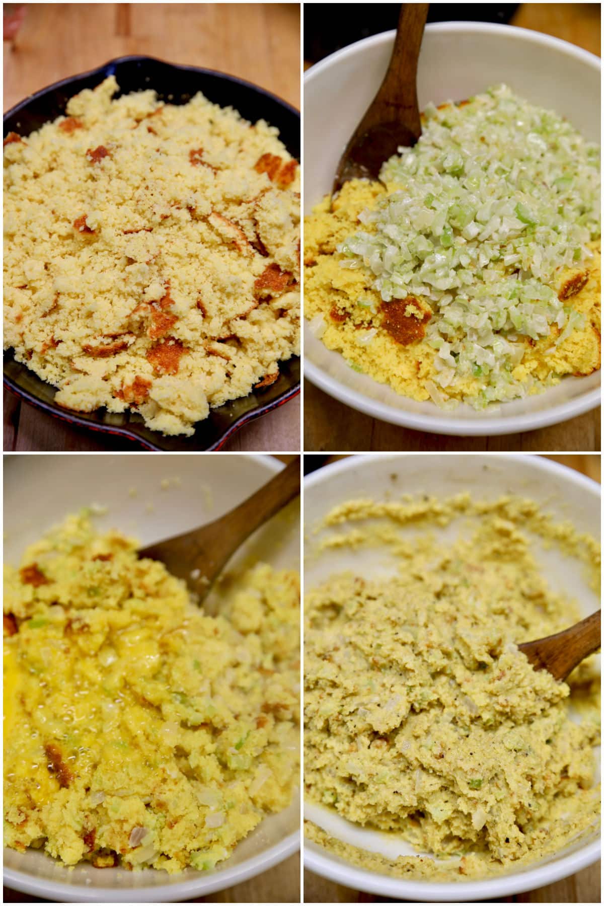 Collage making cornbread dressing mixture.