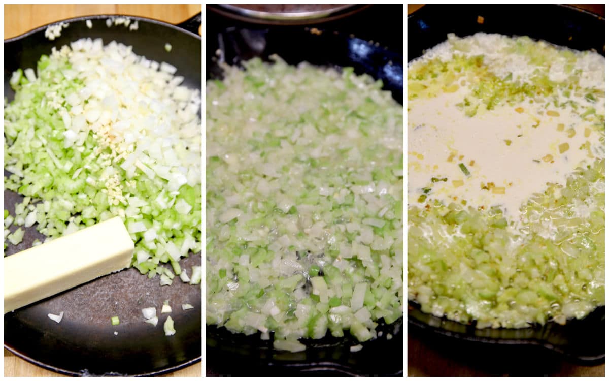 Sauted vegetables in a skillet collage.