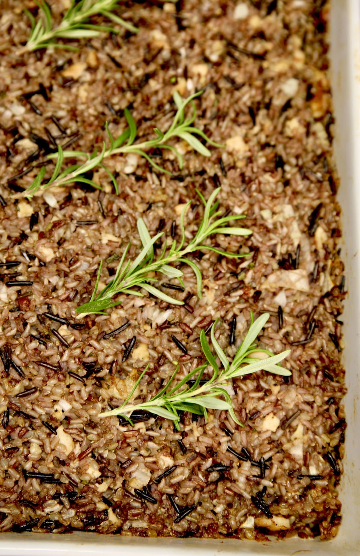 Closeup of wild rice dressing. 
