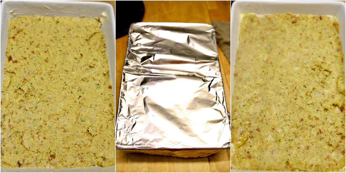 Baking cornbread dressing collage.