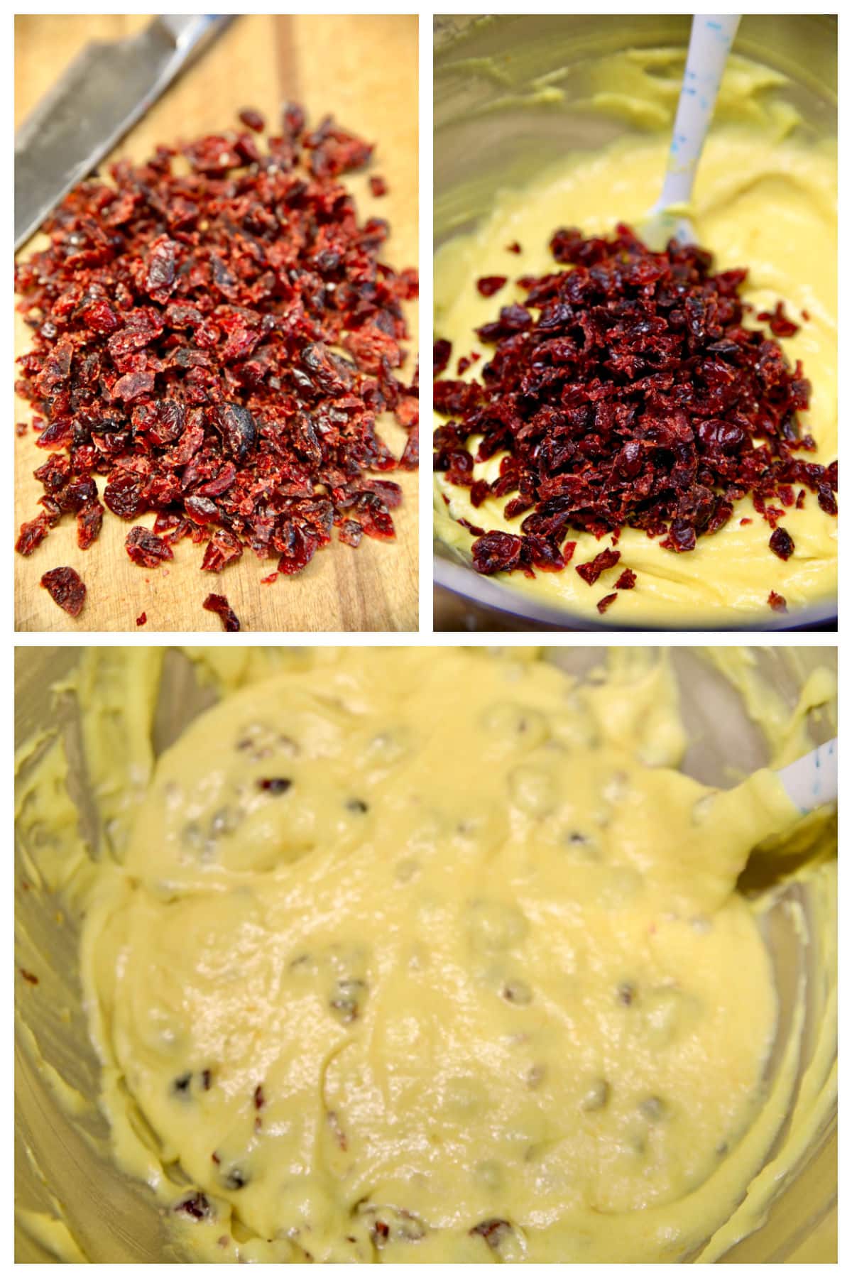 Collage chopping cranberries, adding to cake batter.