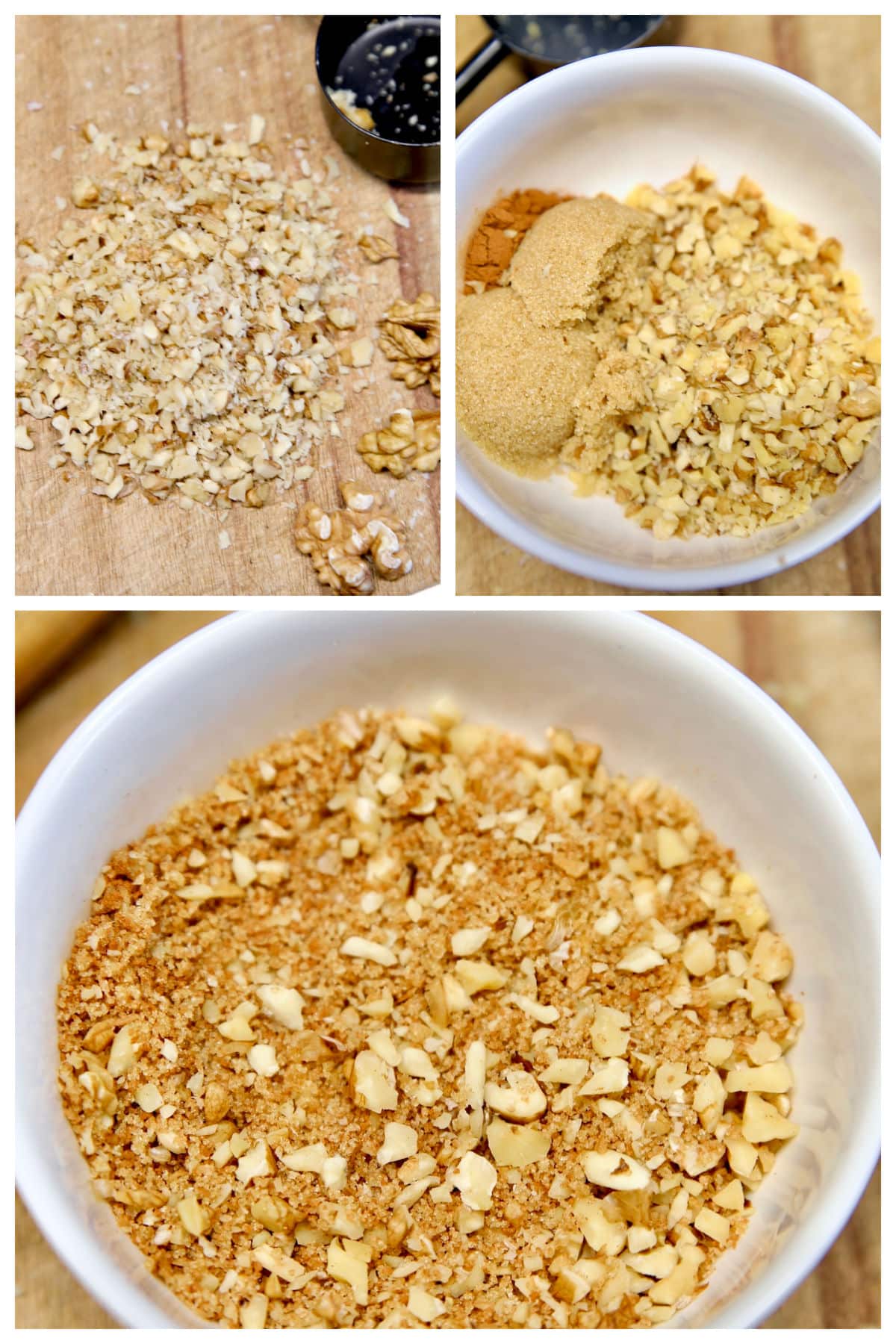 Collage making walnut and brown sugar filling for cake.