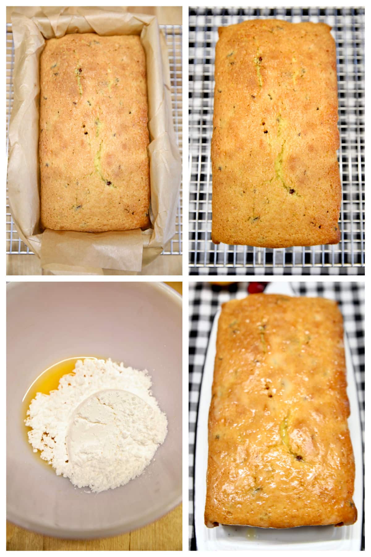 Baked loaf cake, cooling on wire rack, glaze, glazed cake.