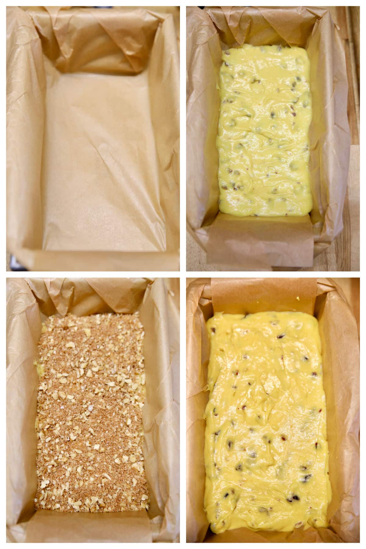Collage filling loaf pan orange cranberry cake with walnut filling. 