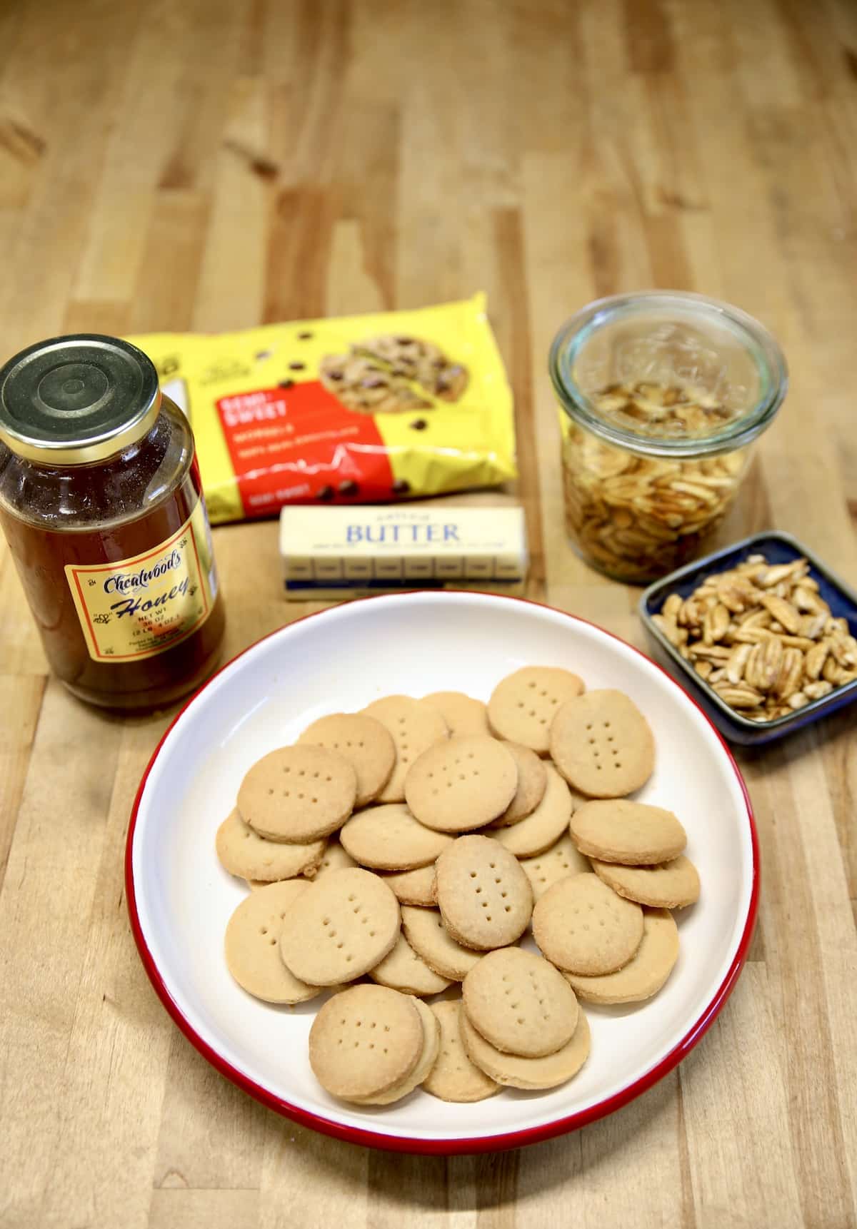 Bourbon pecan balls ingredients with honey and shortbread cookies.