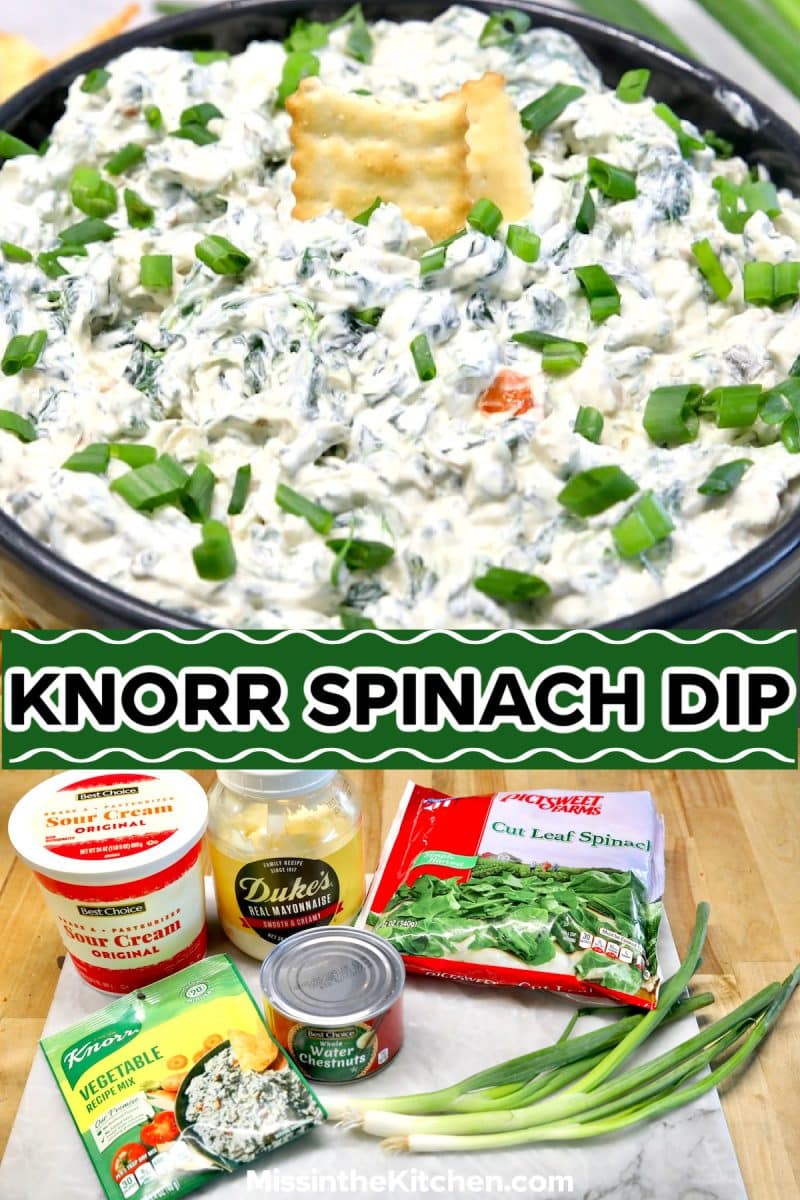 Collage: bowl of spinach dip over ingredients - text overlay.