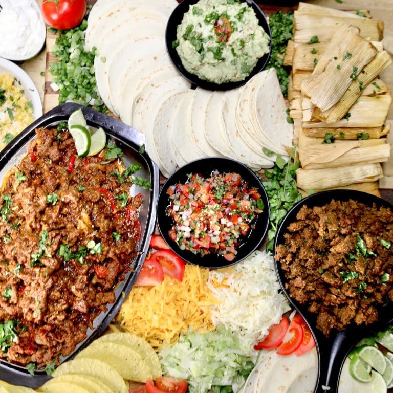 Overhead of Mexican dinner.
