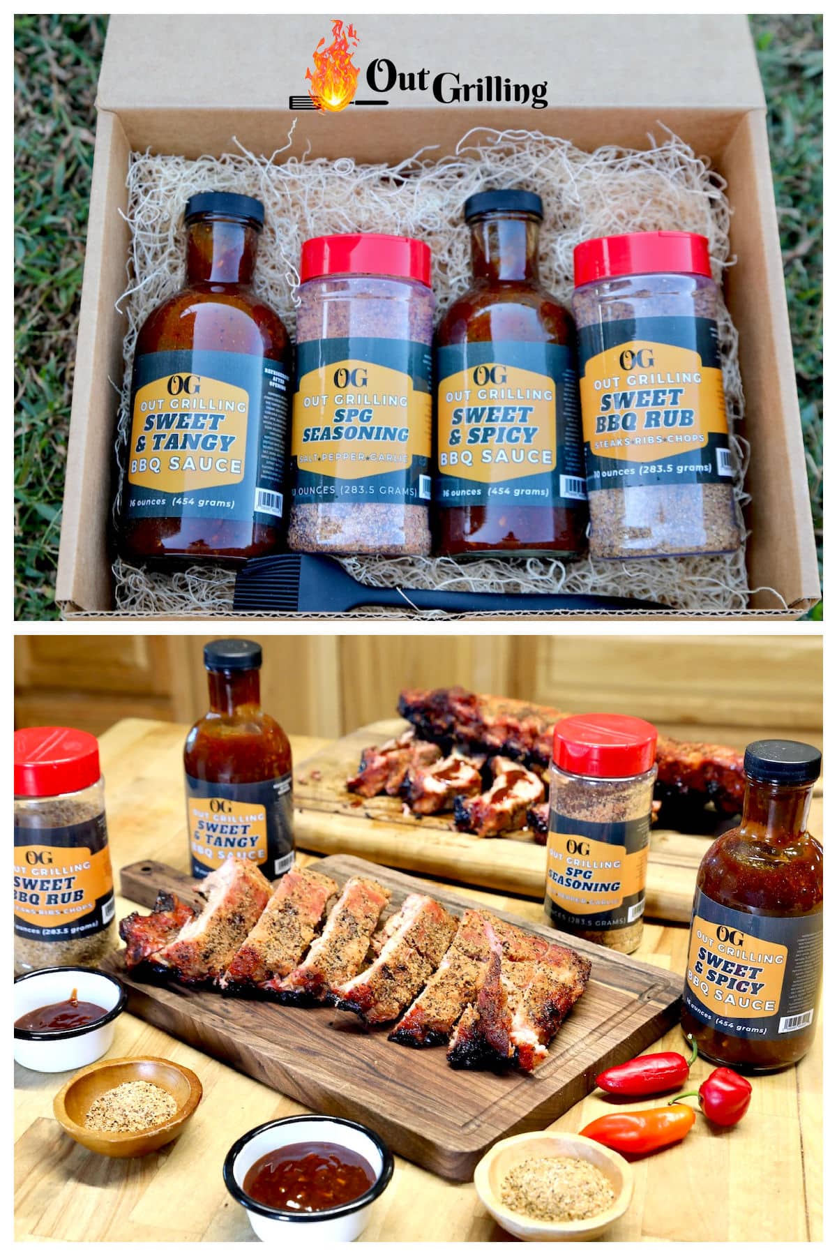 Gift box collage for BBQ: box with sauces and spices/products with ribs.