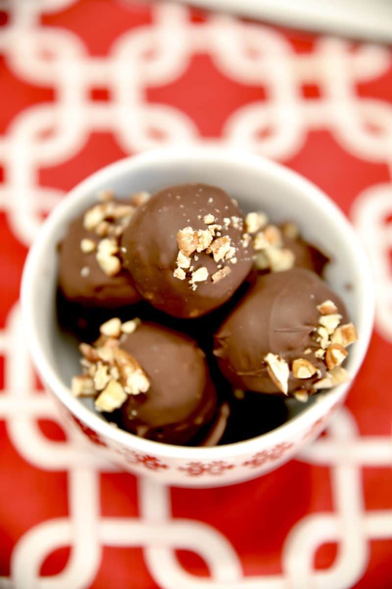 Bowl of pecan bourbon balls.