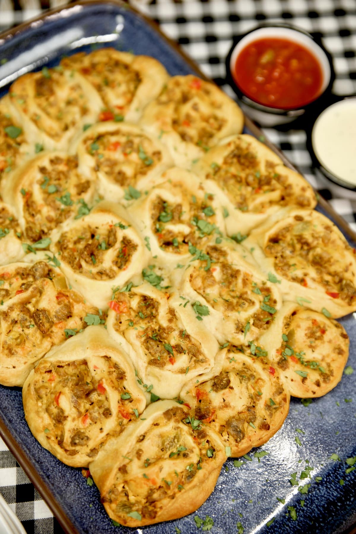 Platter of sausage pinwheels.