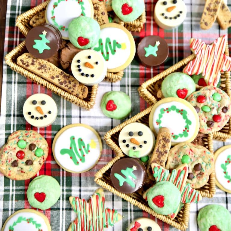 Christmas Cookies on a plaid table cloth.