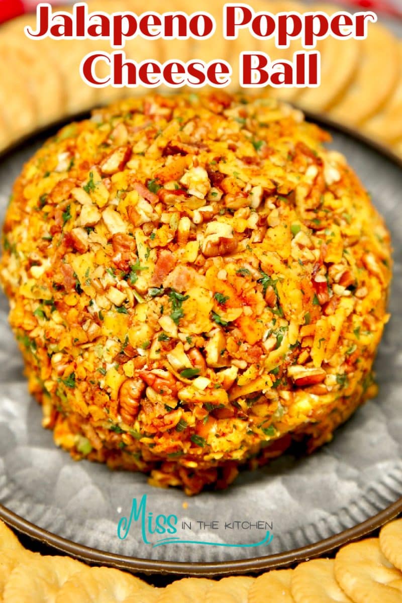 Jalapeno cheese ball on a platter - text overlay.