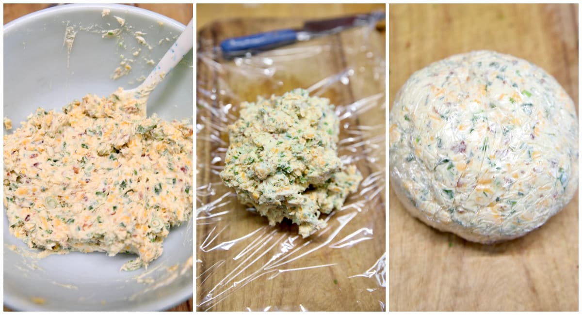 Shaping and wrapping a cheeseball with plastic wrap.