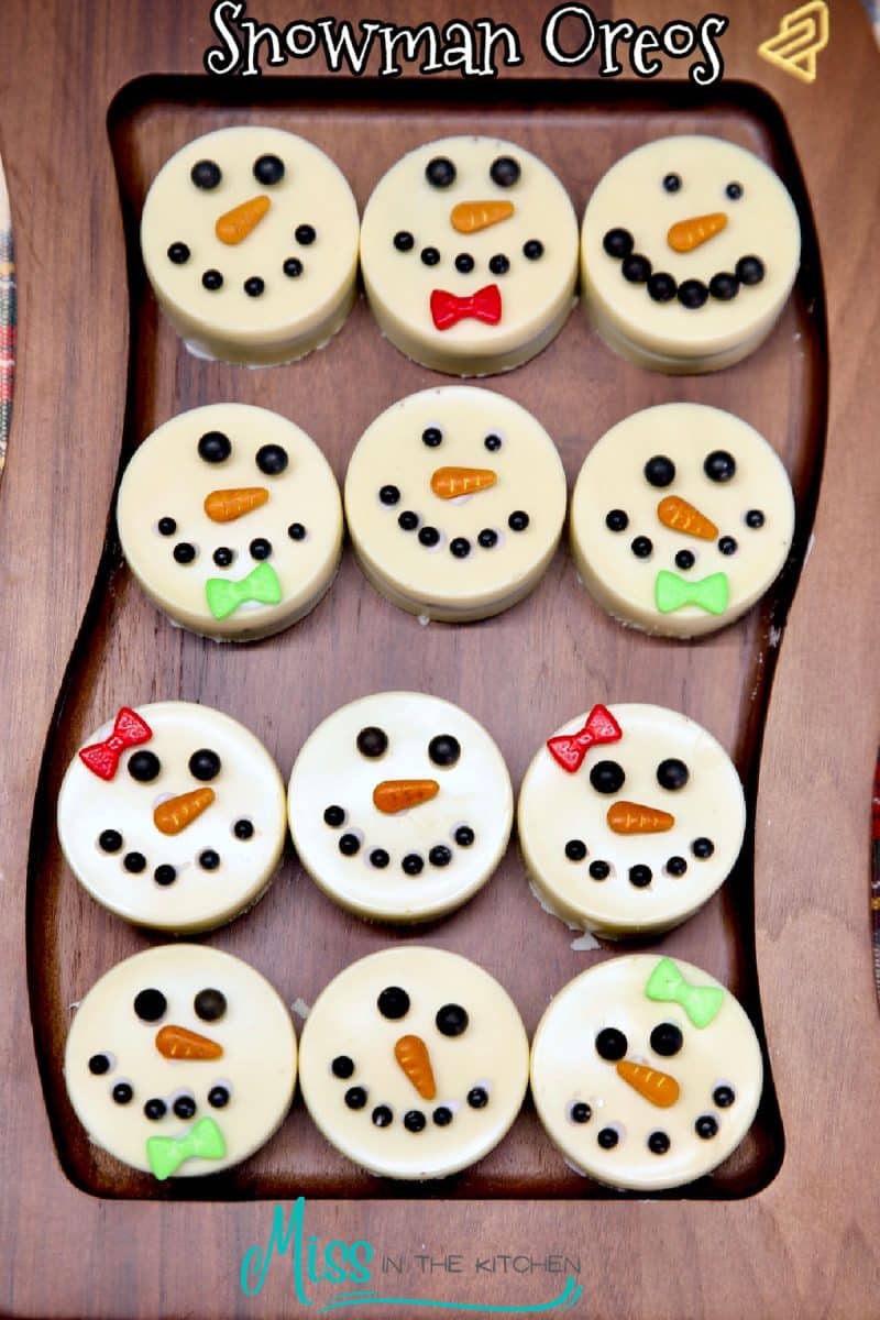 Oreo Snowmen on a platter - text overlay.