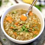 Bowl of beef barley soup.