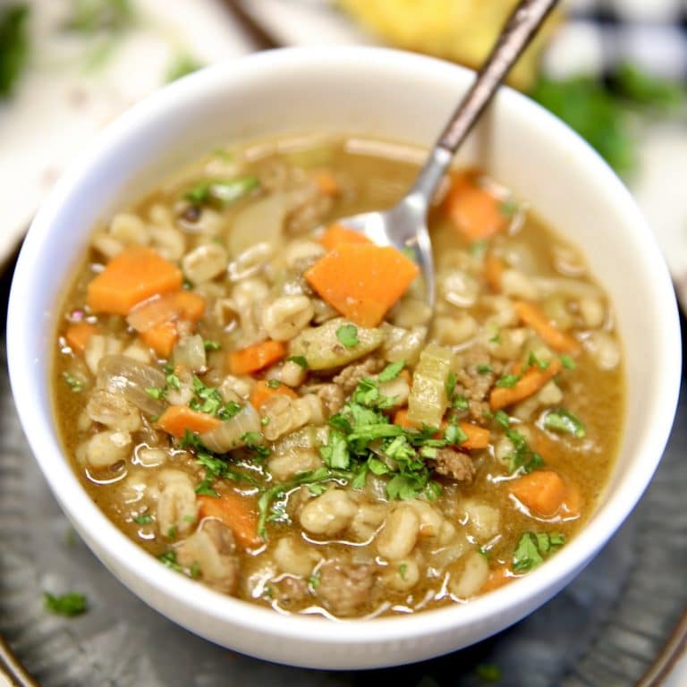 Bowl of beef barley soup.