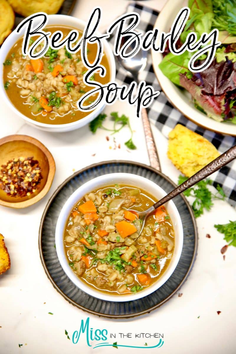 Beef and barley soup in 2 bowls. Text overlay.