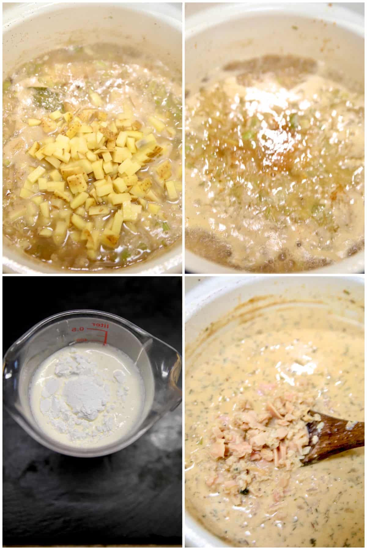 Diced potatoes and cream added into clam chowder.
