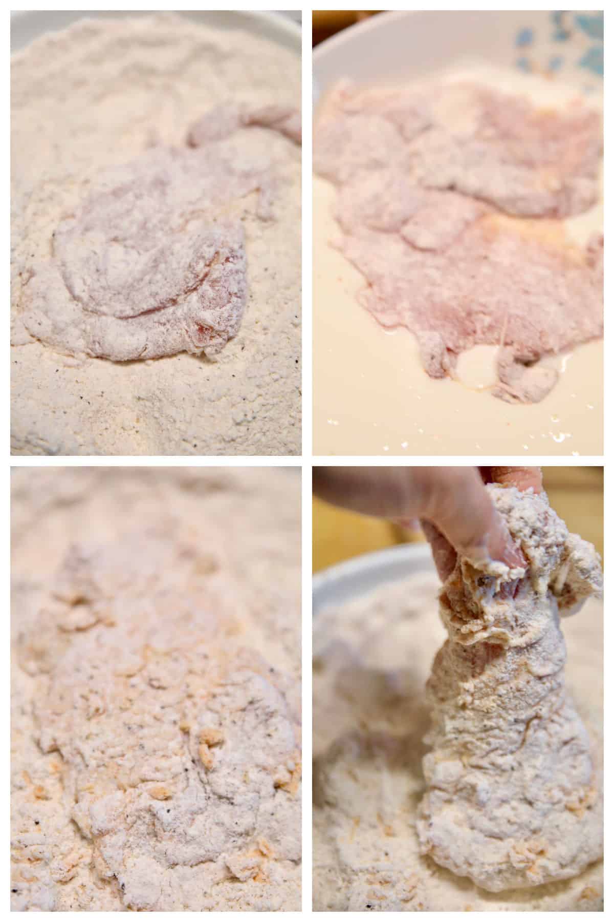 Collage: breading chicken to fry. 