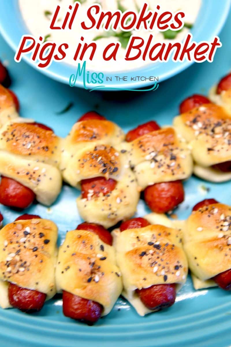 Platter of lil smokies pigs in a blanket - text overlay.