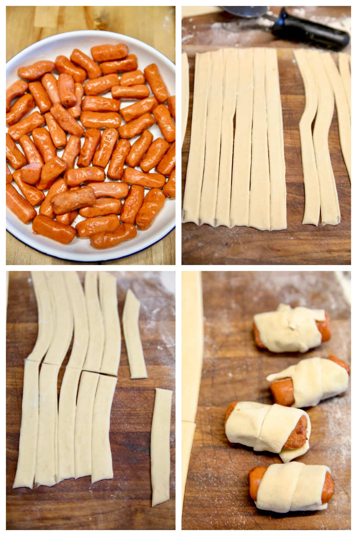 Collage: cocktail wienies in a bowl, pizza dough cut into strips, wrapped around sausage.