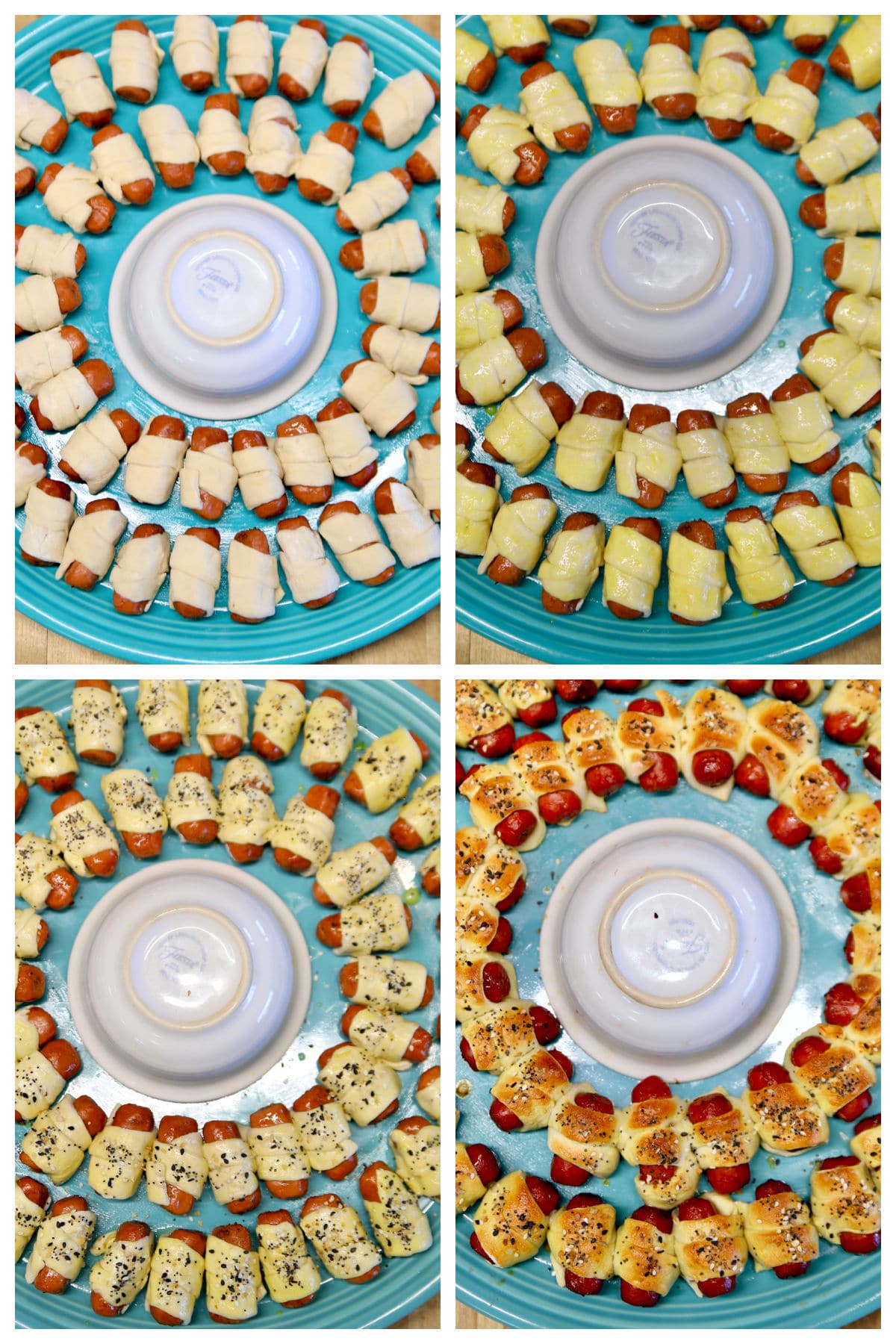 Collage: mini pigs in a blanket, seasoned, baked.