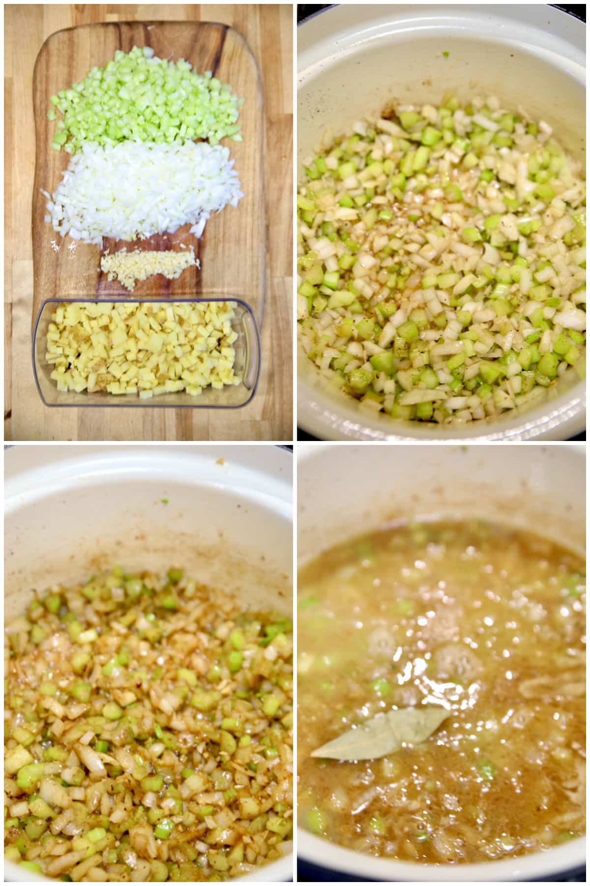 Collage: celery, onions, garlic, potatoes/ cooking in dutch oven, with broth.