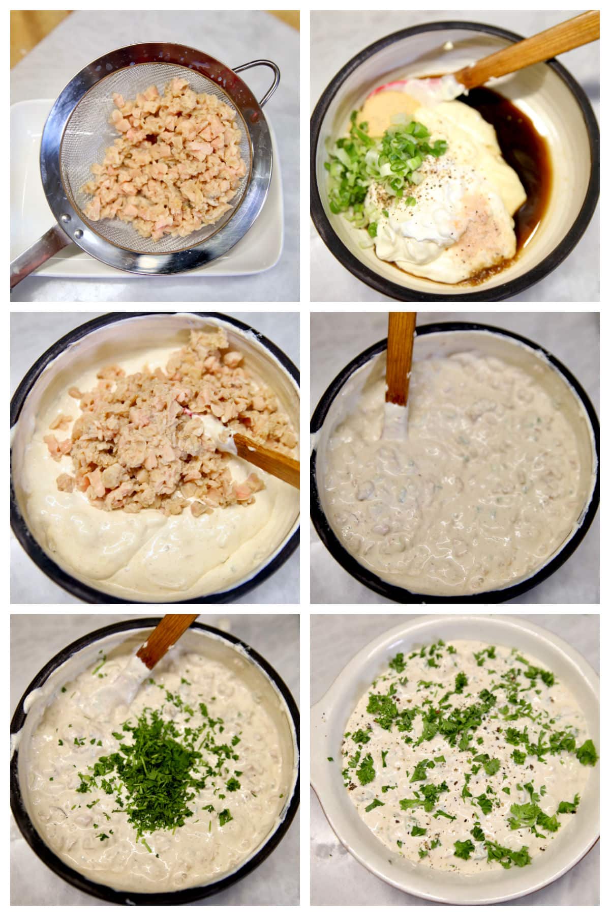 Collage: draining clams, bowl mixing ingredients for clam dip.